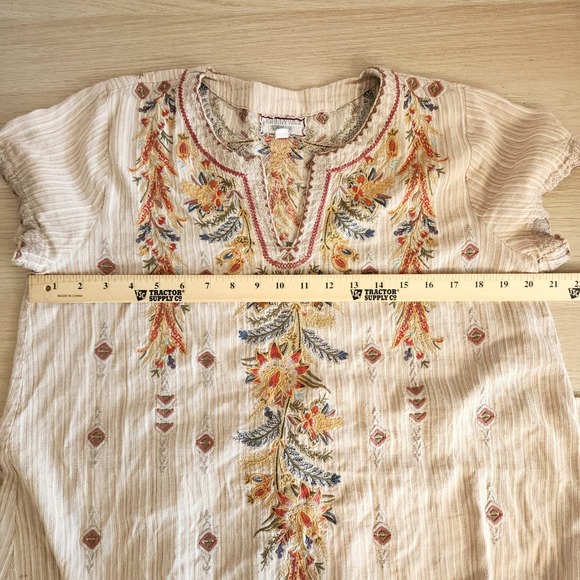 Johnny Was Workshop Embroidered Cotton Linen Tunic Bohemian Floral Stripe Sz Med - Picture 13 of 16